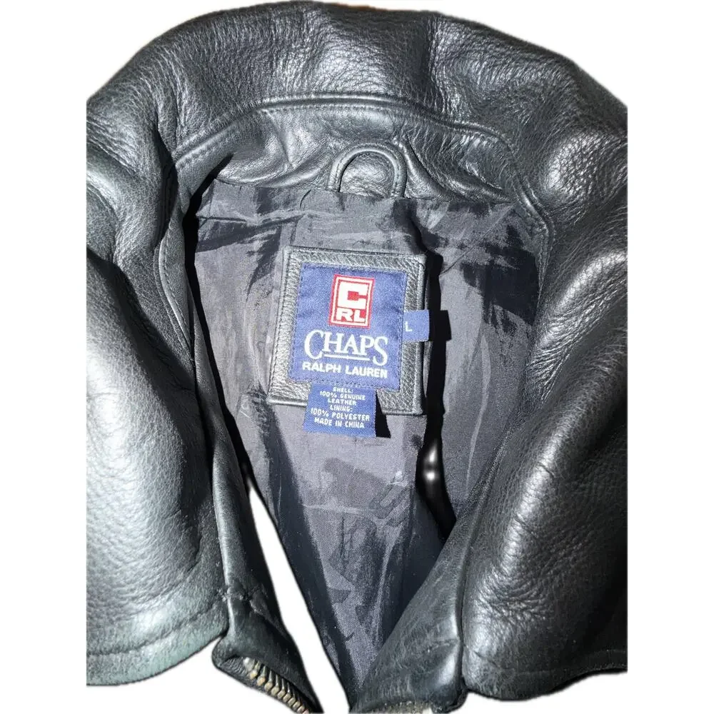 CHAPS Men's‎ Black Full Zip Leather Jacket L Lined Pockets